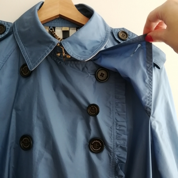 Burberry Double Breasted Blue Nylon Trench Coat Ruffle Trim Waist Belt US 12 - Picture 8 of 17